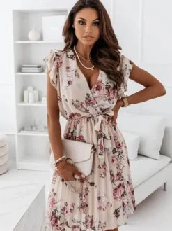 Summer Dress V-Neck Short Sleeves Floral Printed Pink Knee Length Beach Dress