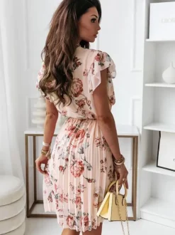 Summer Dress V-Neck Short Sleeves Floral Printed Pink Knee Length Beach Dress