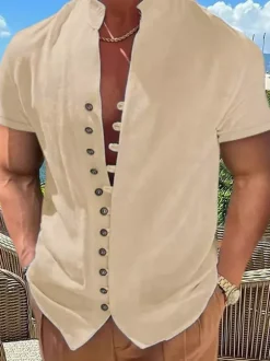 Summer Beach Casual Shirts Short Sleeve Linen Men's Shirts
