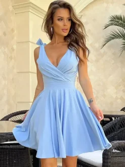 Summer Dress Mini Dresses Rose V-Neck Lace Up Polyester Beach Dress