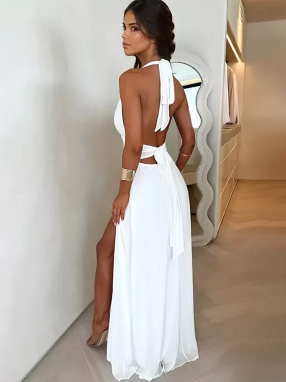 Summer Dress V-Neck High-slit Light Sky Blue Long Beach Aquatic Dress