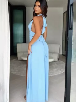 Summer Dress V-Neck High-slit Light Sky Blue Long Beach Aquatic Dress