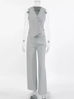 Summer Two Piece Co-ord Set Asymmetrical Top And Straight Pants For Women 2026