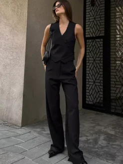 Summer Two Piece Co-ord Set Asymmetrical Top And Straight Pants For Women 2026
