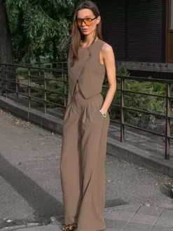 SummerTwo Piece Co-ord Set Outfit Asymmetrical Top And Straight Pants For Women 2026