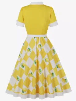 1950s Vintage Fruit Print Swing Dress Contrast Collar Puff Sleeve Belted Midi Dress
