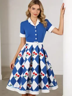 1950s Vintage Fruit Print Swing Dress Contrast Collar Puff Sleeve Belted Midi Dress