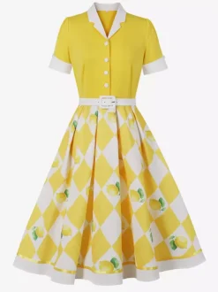 1950s Vintage Fruit Print Swing Dress Contrast Collar Puff Sleeve Belted Midi Dress