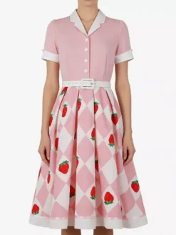 1950s Vintage Fruit Print Swing Dress Contrast Collar Puff Sleeve Belted Midi Dress