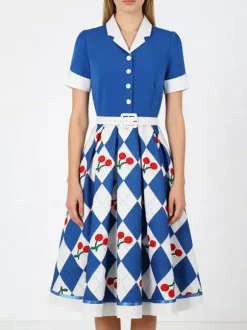 1950s Vintage Fruit Print Swing Dress Contrast Collar Puff Sleeve Belted Midi Dress