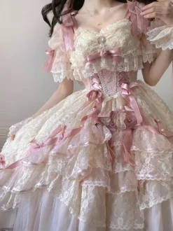 Sweet Ballet Hime Wedding Lolita Dress Bows Ruffles Pink Lolita Dress With Train