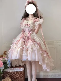 Sweet Ballet Hime Wedding Lolita Dress Bows Ruffles Pink Lolita Dress With Train