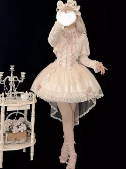 Sweet Ballet Lolita Dress Halter Sleeveless Ruffles Lace Up Oversleeves Dress Pink Lolita Dress With Headwear