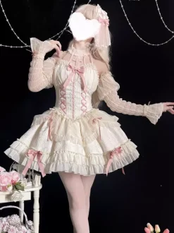 Sweet Ballet Lolita Dress Halter Sleeveless Ruffles Lace Up Oversleeves Dress Pink Lolita Dress With Headwear