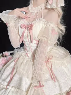 Sweet Ballet Lolita Dress Halter Sleeveless Ruffles Lace Up Oversleeves Dress Pink Lolita Dress With Headwear