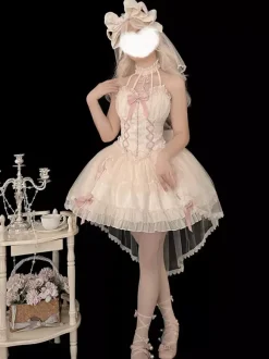 Sweet Ballet Lolita Dress Halter Sleeveless Ruffles Lace Up Oversleeves Dress Pink Lolita Dress With Headwear