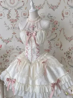Sweet Ballet Lolita Dress Halter Sleeveless Ruffles Lace Up Oversleeves Dress Pink Lolita Dress With Headwear