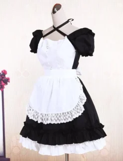 Sweet Black Cotton Maid Lolita One-piece White Apron Short Sleeves Lace Trim