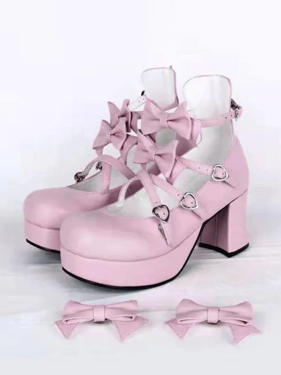 Sweet Chunky Heels Lolita Shoes Platform Bow Decor Round Toe