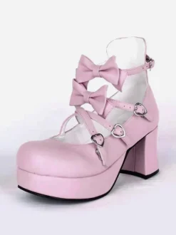 Sweet Chunky Heels Lolita Shoes Platform Bow Decor Round Toe