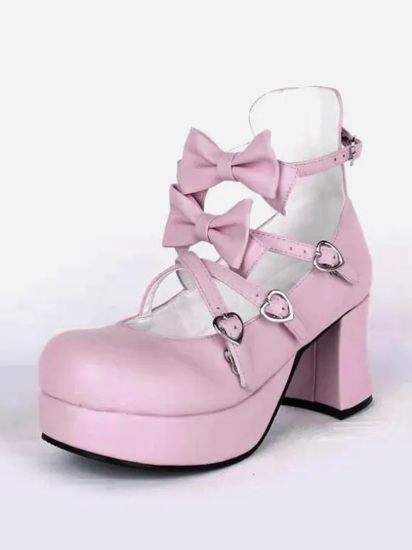 Sweet Chunky Heels Lolita Shoes Platform Bow Decor Round Toe
