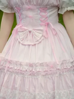 Sweet Light Pink Cotton Lolita Jumper Skirt Lace Trim Lace Up Ruffles
