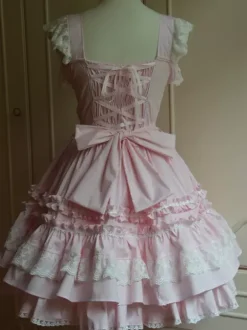 Sweet Light Pink Cotton Lolita Jumper Skirt Lace Trim Lace Up Ruffles