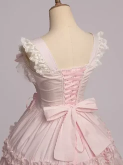 Sweet Light Pink Cotton Lolita Jumper Skirt Lace Trim Lace Up Ruffles