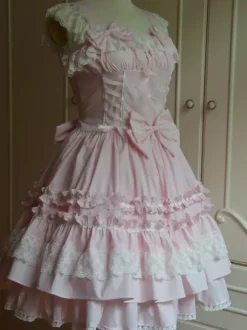 Sweet Light Pink Cotton Lolita Jumper Skirt Lace Trim Lace Up Ruffles