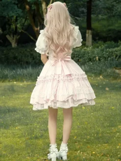 Sweet Light Pink Cotton Lolita Jumper Skirt Lace Trim Lace Up Ruffles