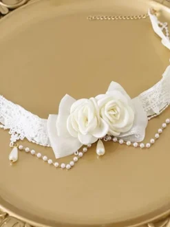 Sweet Lolita Accessories Ecru White Pearls Rose Choker Miscellaneous
