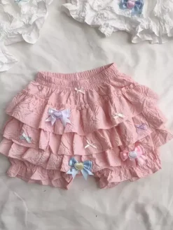 Sweet Lolita Bloomers Pink Bows Ruffles Flared Lolita Pant
