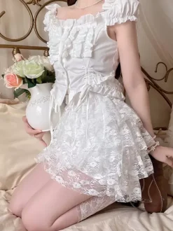 Sweet Lolita Bloomers Tiered Ruffles Lace Loose White Lolita Pant