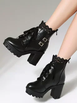Sweet Lolita Boots PU Leather Bows Round Toe Pink Lolita Shoes