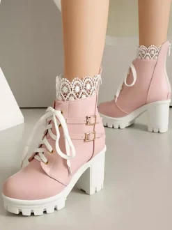 Sweet Lolita Boots PU Leather Bows Round Toe Pink Lolita Shoes
