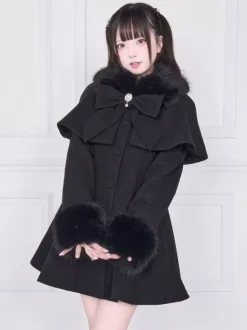 Sweet Lolita Coats Pink Black Bows Overcoat Long Sleeve Fall Lolita Coat