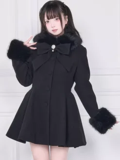 Sweet Lolita Coats Pink Black Bows Overcoat Long Sleeve Fall Lolita Coat