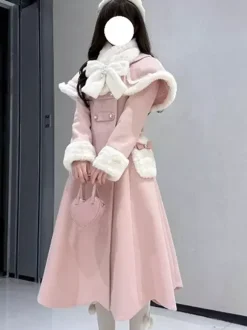 Sweet Lolita Coats Pink White Bows Cloak Overcoat Winter Lolita Coat