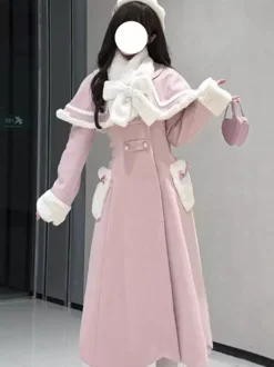 Sweet Lolita Coats Pink White Bows Cloak Overcoat Winter Lolita Coat