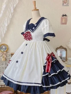 sweet Lolita Costumes Lolita Specials Lolita Dresses Sweet Lolita Dress Polyester Short Sleeves Ruffles Navy style Dress White Lolita Dress