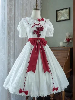 sweet Lolita Costumes Lolita Specials Lolita Dresses Sweet Lolita Dress Polyester Short Sleeves Bows Sweet Dress White Lolita Dress Color Block