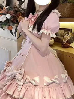 Sweet Lolita Dress Cake Short Sleeves Ruffles Bows Dress Sweet Pink Lolita Dress With Hat