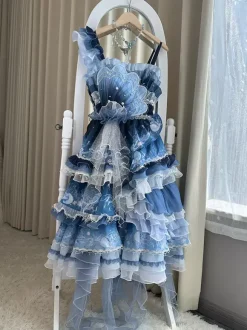 Sweet Lolita Dress Deep Blue Sleeveless Tea Party Style Floral Print Organza Skirt with Lace Details Kawaii Fashion