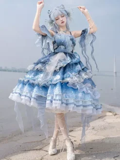 Sweet Lolita Dress Deep Blue Sleeveless Tea Party Style Floral Print Organza Skirt with Lace Details Kawaii Fashion