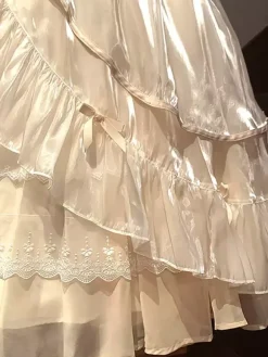 Sweet Lolita Dress Flowy Short Lace Sleeves Fairytale Casual Bows Ruffles Tulle White
