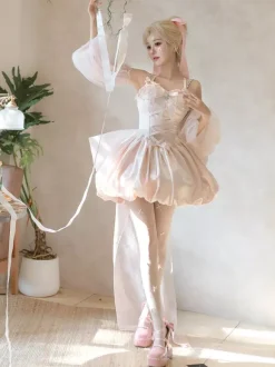 Sweet Lolita Dress Jacquard Bows Jumper Skirt Pink Detachable Sleeves Bloom Silhouette With Train Lolita Dress