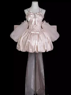 Sweet Lolita Dress Jacquard Bows Jumper Skirt Pink Detachable Sleeves Bloom Silhouette With Train Lolita Dress