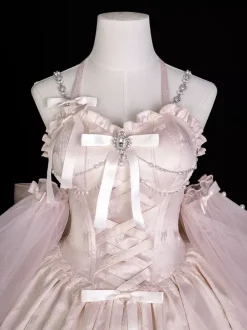 Sweet Lolita Dress Jacquard Bows Jumper Skirt Pink Detachable Sleeves Bloom Silhouette With Train Lolita Dress