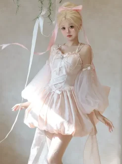 Sweet Lolita Dress Jacquard Bows Jumper Skirt Pink Detachable Sleeves Bloom Silhouette With Train Lolita Dress