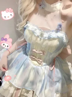 Sweet Lolita Dress Light Sky Blue Sleeveless Tea Party Dress with Bows and Train Polyester Kawaii Fashion